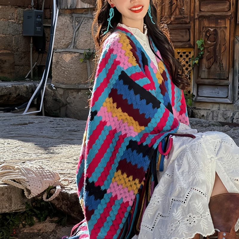 Candy Color Braided Tibetan Tassel Shawl Candy Color Braided Tibetan Tassel Shawl