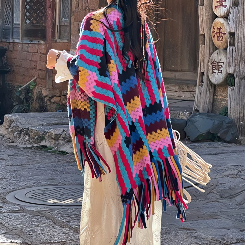 Candy Color Braided Tibetan Tassel Shawl Candy Color Braided Tibetan Tassel Shawl