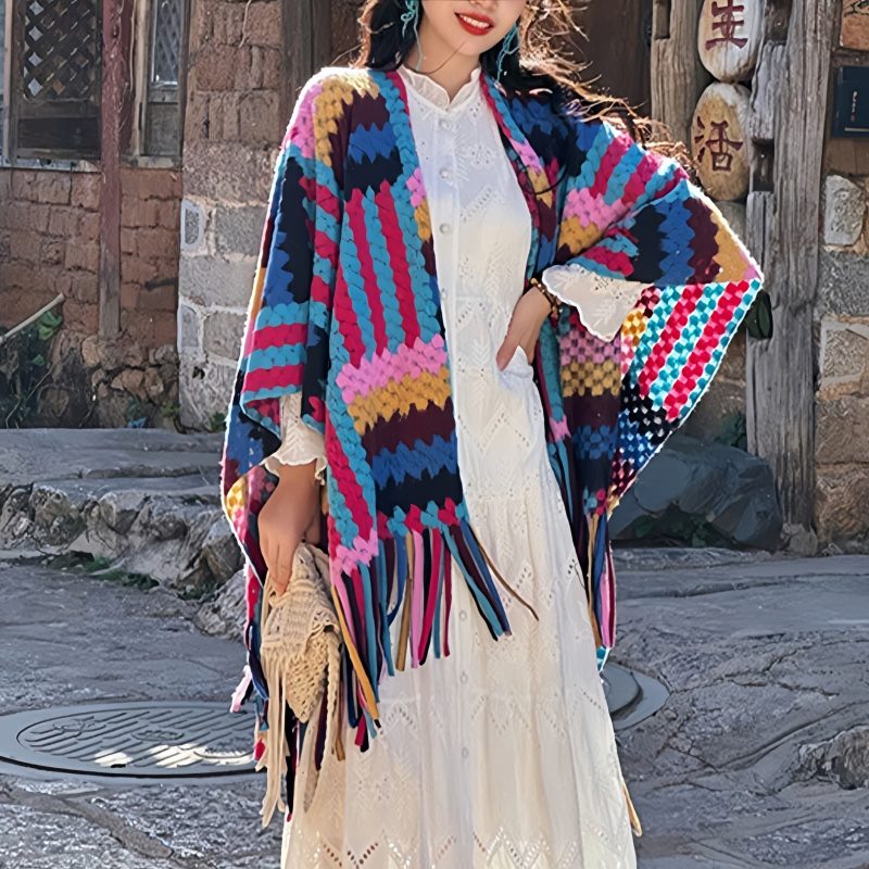 Candy Color Braided Tibetan Tassel Shawl Candy Color Braided Tibetan Tassel Shawl