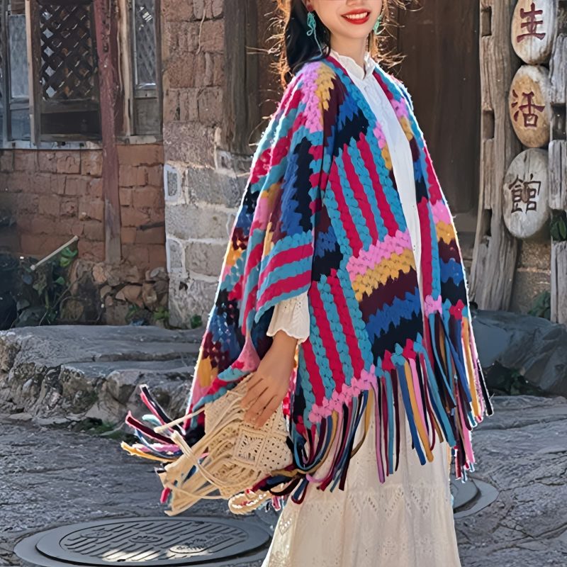 Candy Color Braided Tibetan Tassel Shawl Candy Color Braided Tibetan Tassel Shawl