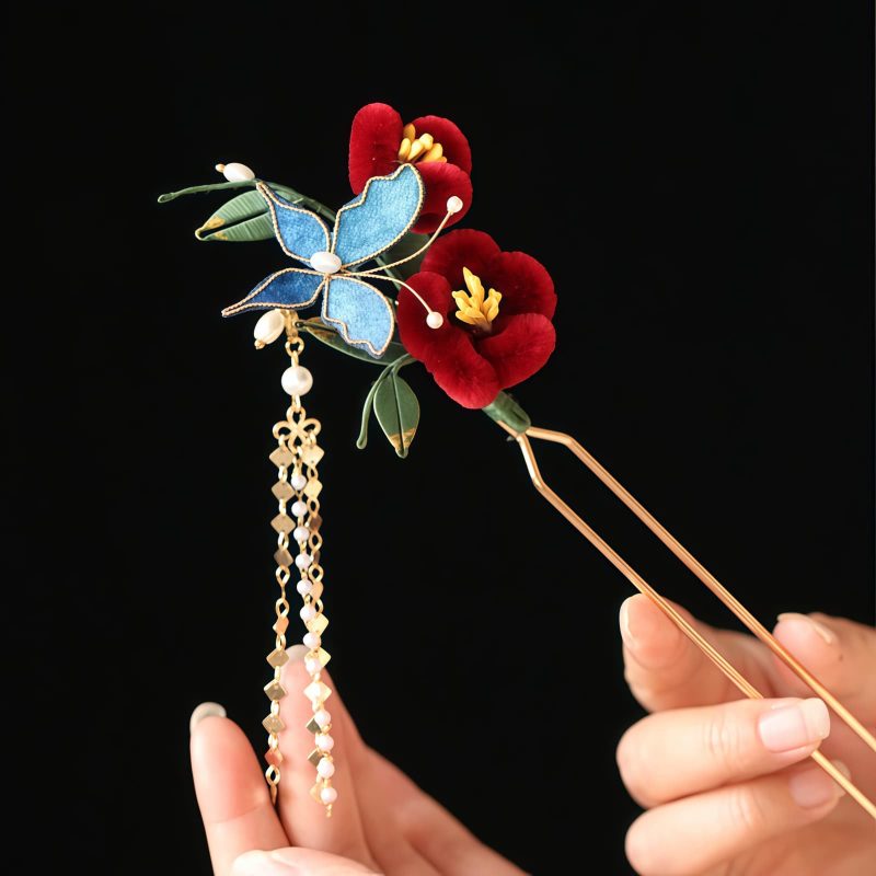 Chinese Blue Butterfly Red Flower Hairpin Chinese Blue Butterfly Red Flower Hairpin