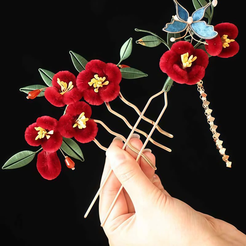 Chinese Blue Butterfly Red Flower Hairpin Chinese Blue Butterfly Red Flower Hairpin