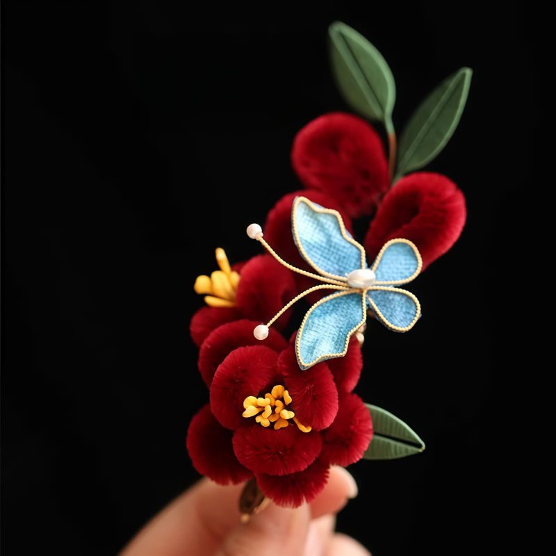 Chinese Blue Butterfly Red Flower Hairpin Chinese Blue Butterfly Red Flower Hairpin