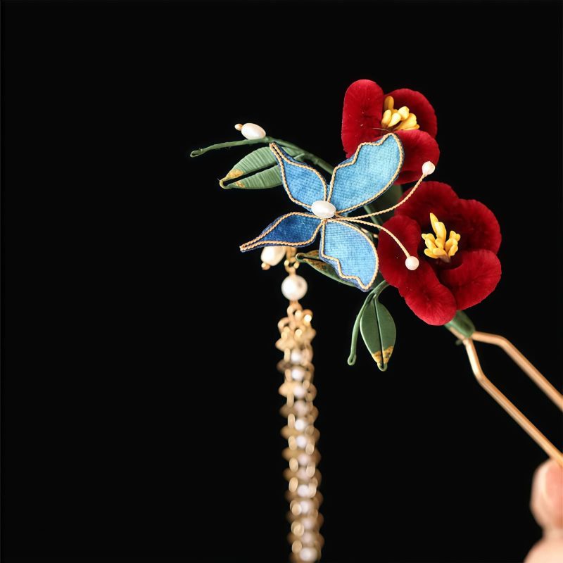 Chinese Blue Butterfly Red Flower Hairpin Chinese Blue Butterfly Red Flower Hairpin
