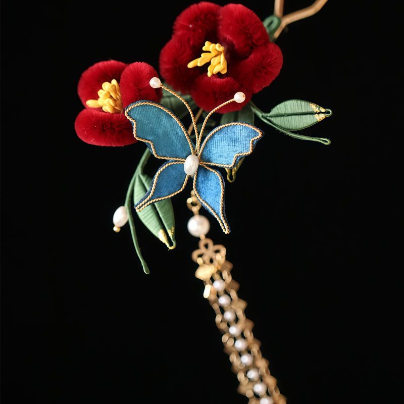 Chinese Blue Butterfly Red Flower Hairpin Chinese Blue Butterfly Red Flower Hairpin