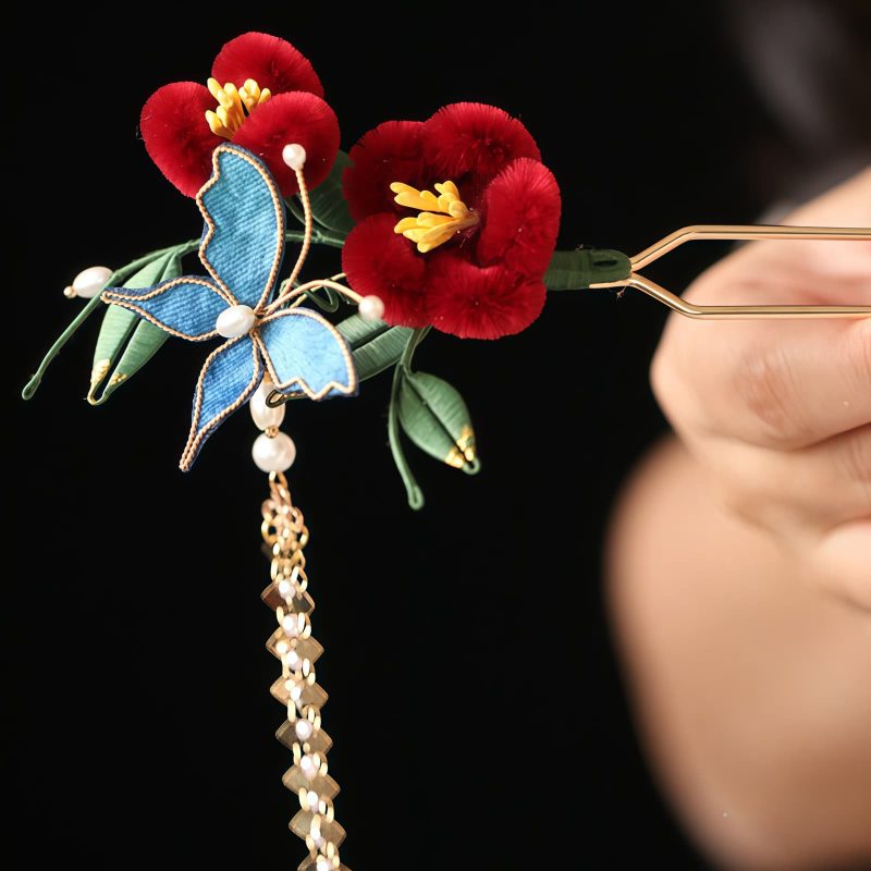 Chinese Blue Butterfly Red Flower Hairpin Chinese Blue Butterfly Red Flower Hairpin