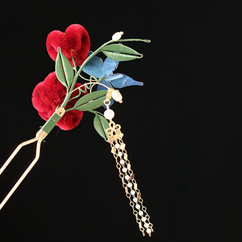Chinese Blue Butterfly Red Flower Hairpin Chinese Blue Butterfly Red Flower Hairpin