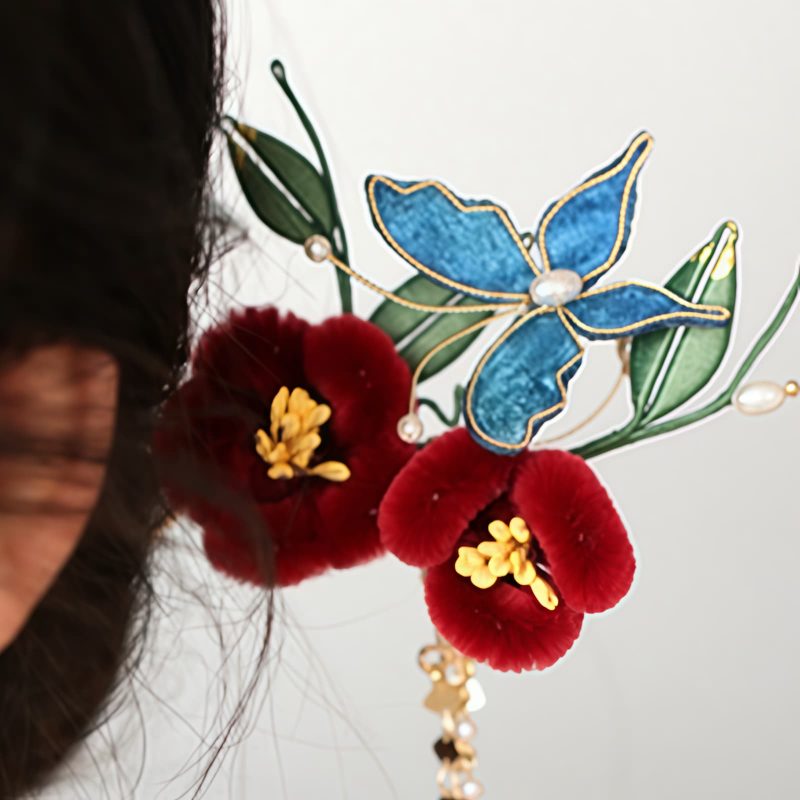 Chinese Blue Butterfly Red Flower Hairpin Chinese Blue Butterfly Red Flower Hairpin