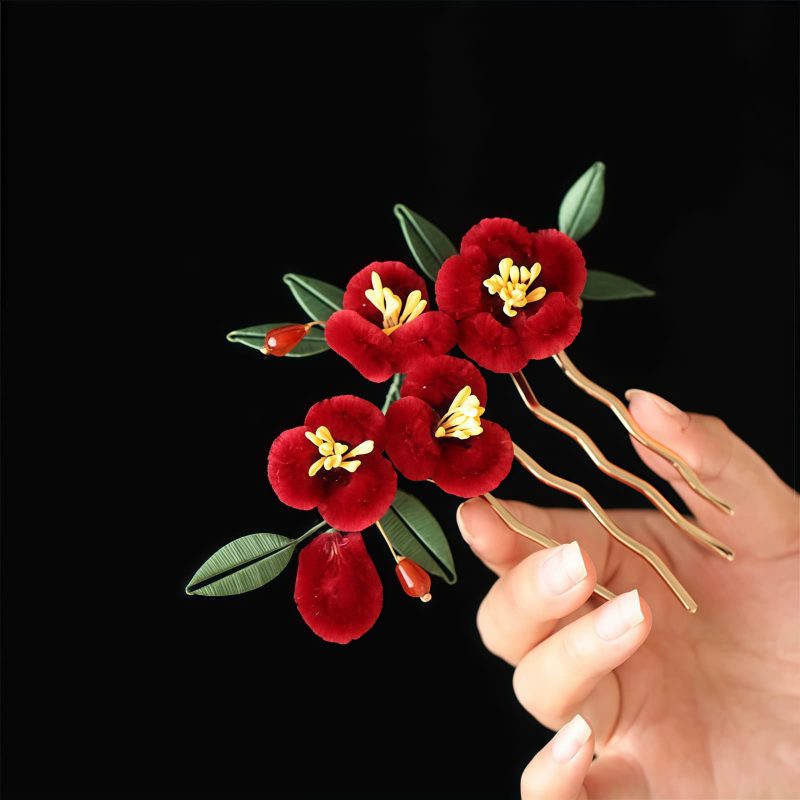 Chinese Blue Butterfly Red Flower Hairpin Chinese Blue Butterfly Red Flower Hairpin