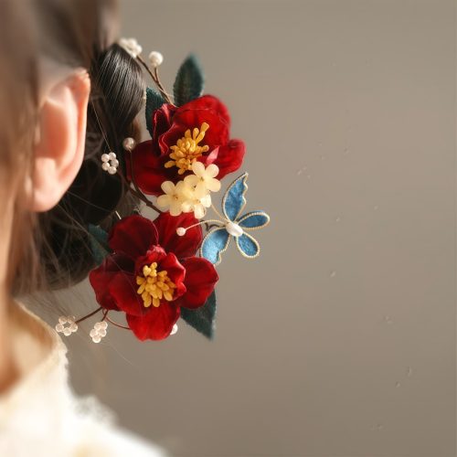 中華風ハンドメイド 赤椿のヘアクリップ・かんざし 中華風ハンドメイド 赤椿のヘアクリップ・かんざし