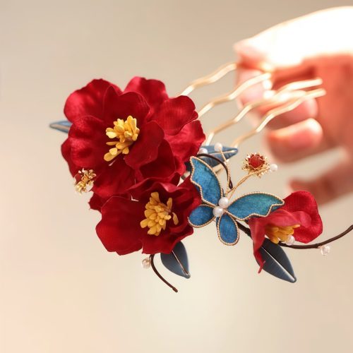 中華風ハンドメイド 赤椿のヘアクリップ・かんざし 中華風ハンドメイド 赤椿のヘアクリップ・かんざし