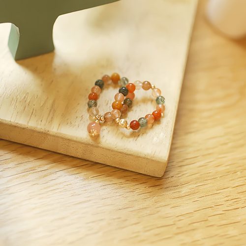 Anillo Fu Lu Shou de Piedra de Luna Melocotón con Baño de Oro de 14k