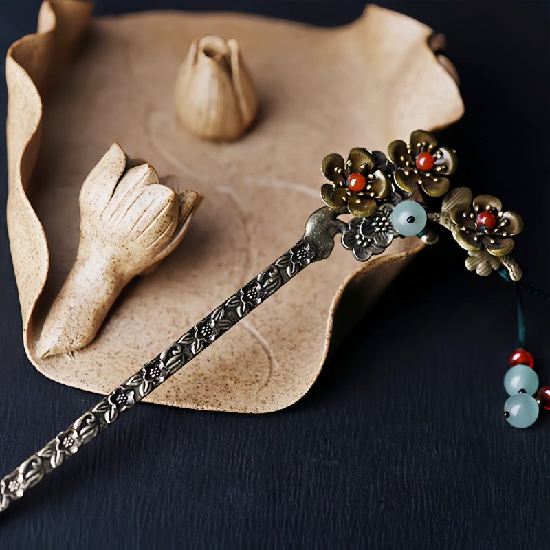 Green Aventurine & Red Agate Floral Soothing Hairpin Green Aventurine & Red Agate Floral Soothing Hairpin