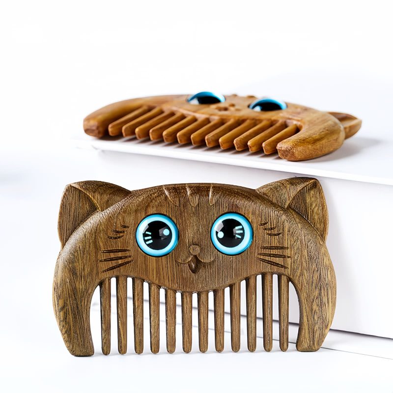 Kamm aus grünem Sandelholz mit Katzenmotiv Green Sandalwood Cat Pattern Comb