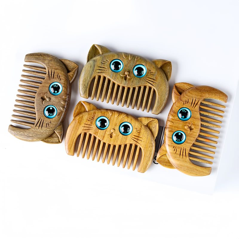 Kamm aus grünem Sandelholz mit Katzenmotiv Green Sandalwood Cat Pattern Comb