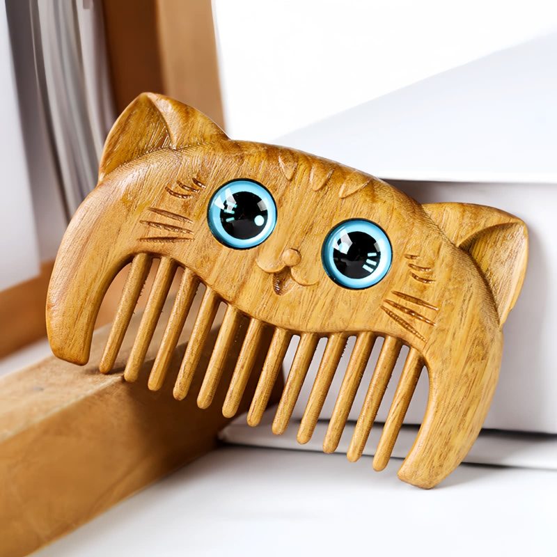 Kamm aus grünem Sandelholz mit Katzenmotiv Green Sandalwood Cat Pattern Comb