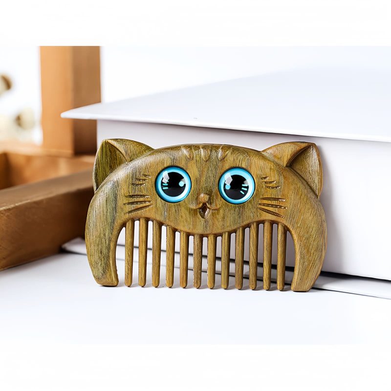 Kamm aus grünem Sandelholz mit Katzenmotiv Green Sandalwood Cat Pattern Comb