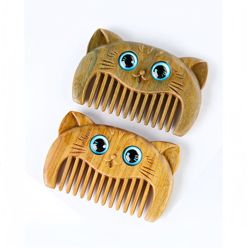 Kamm aus grünem Sandelholz mit Katzenmotiv Green Sandalwood Cat Pattern Comb