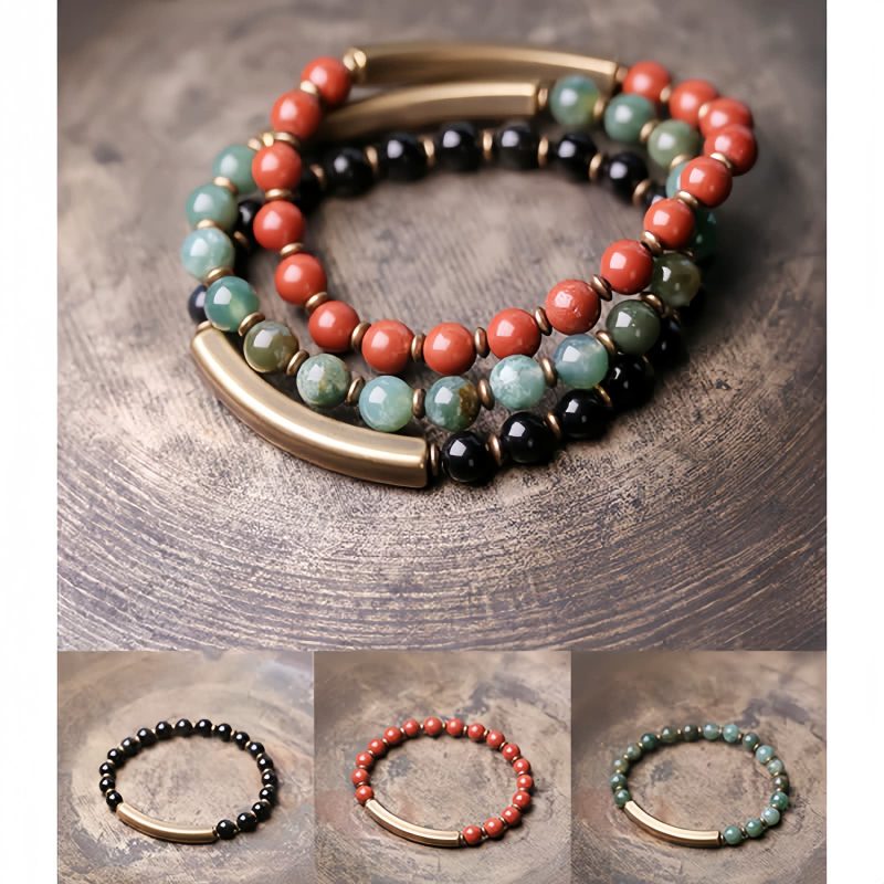 Moss Agate Red Jasper Black Obsidian Copper Couple Bracelet