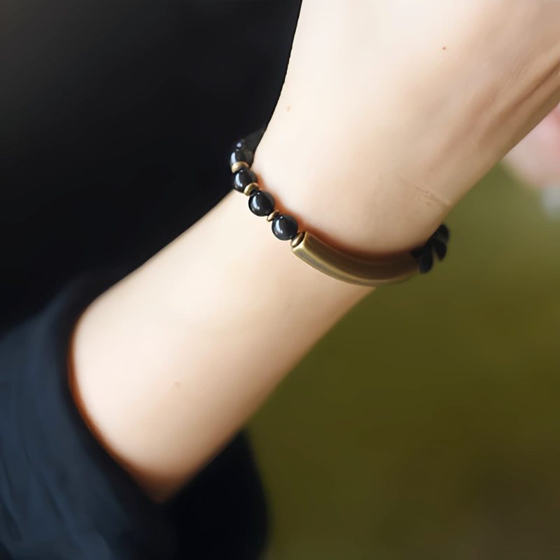 Moss Agate Red Jasper Black Obsidian Copper Couple Bracelet