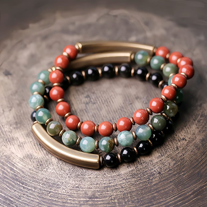 Moss Agate Red Jasper Black Obsidian Copper Couple Bracelet