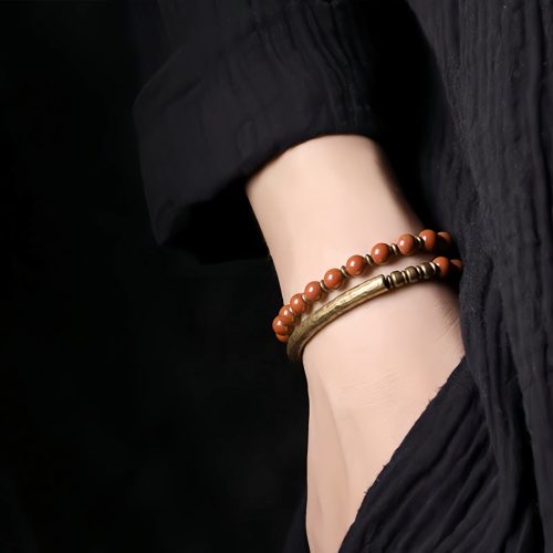 Moss Agate Red Jasper Black Obsidian Copper Couple Bracelet