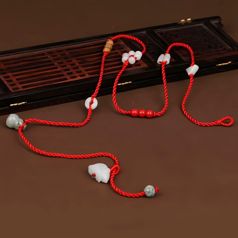 Cadena de Cintura del Zodiaco en Madera de Durazno e Hilo Rojo Peach Wood Zodiac Belly Chain with Red String