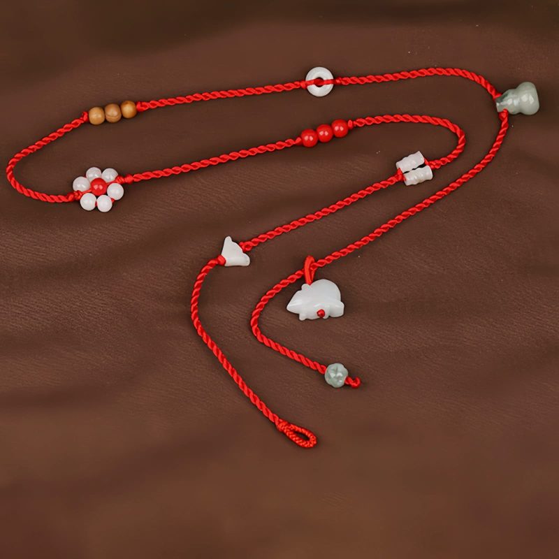 Cadena de Cintura del Zodiaco en Madera de Durazno e Hilo Rojo Peach Wood Zodiac Belly Chain with Red String