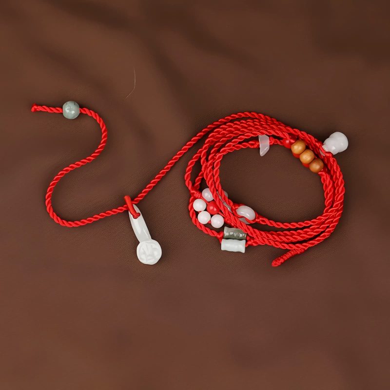 Cadena de Cintura del Zodiaco en Madera de Durazno e Hilo Rojo Peach Wood Zodiac Belly Chain with Red String
