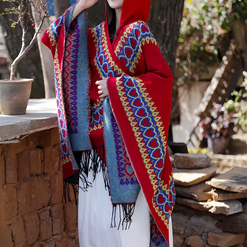 Red Heart Tassel Tibetan Hooded Shawl Red Heart Tassel Tibetan Hooded Shawl