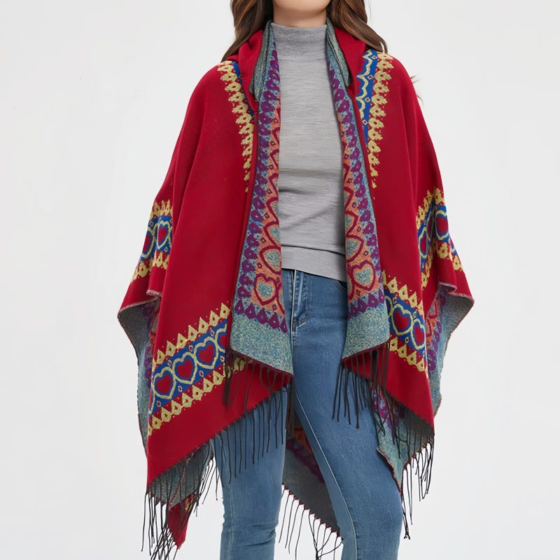 Red Heart Tassel Tibetan Hooded Shawl Red Heart Tassel Tibetan Hooded Shawl