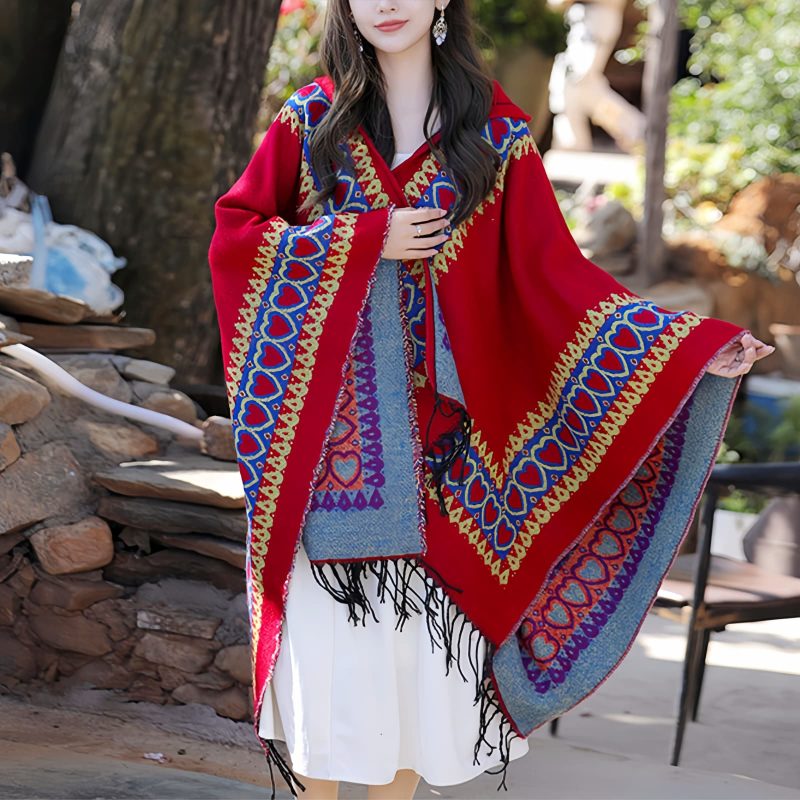 Red Heart Tassel Tibetan Hooded Shawl Red Heart Tassel Tibetan Hooded Shawl
