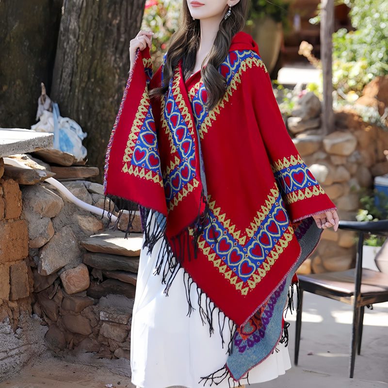 Red Heart Tassel Tibetan Hooded Shawl Red Heart Tassel Tibetan Hooded Shawl