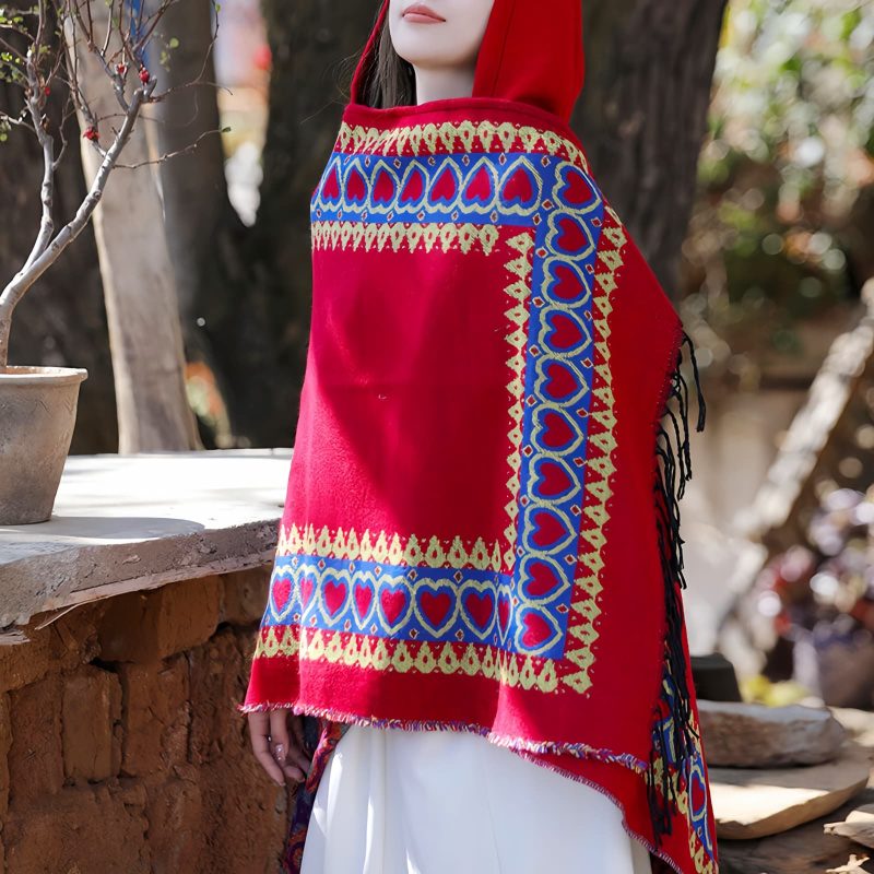 Red Heart Tassel Tibetan Hooded Shawl Red Heart Tassel Tibetan Hooded Shawl