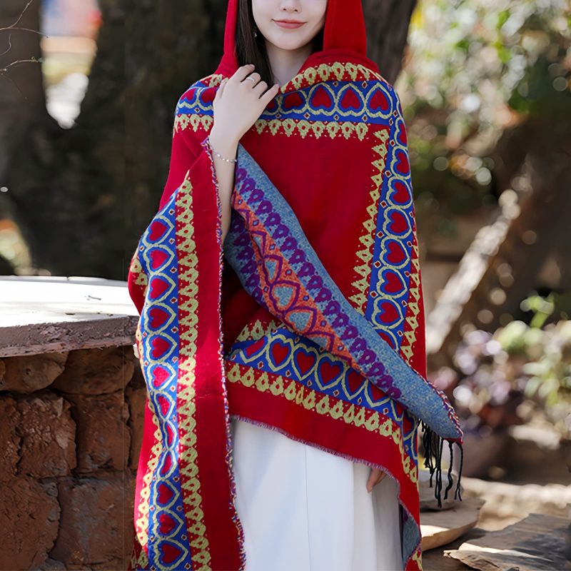 Red Heart Tassel Tibetan Hooded Shawl Red Heart Tassel Tibetan Hooded Shawl