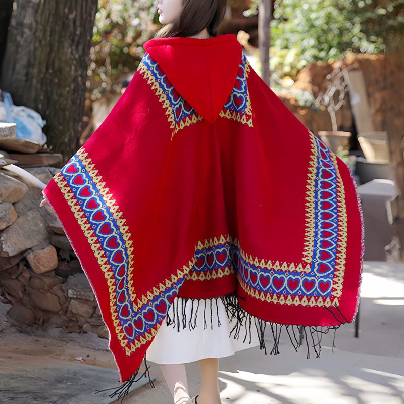 Red Heart Tassel Tibetan Hooded Shawl Red Heart Tassel Tibetan Hooded Shawl