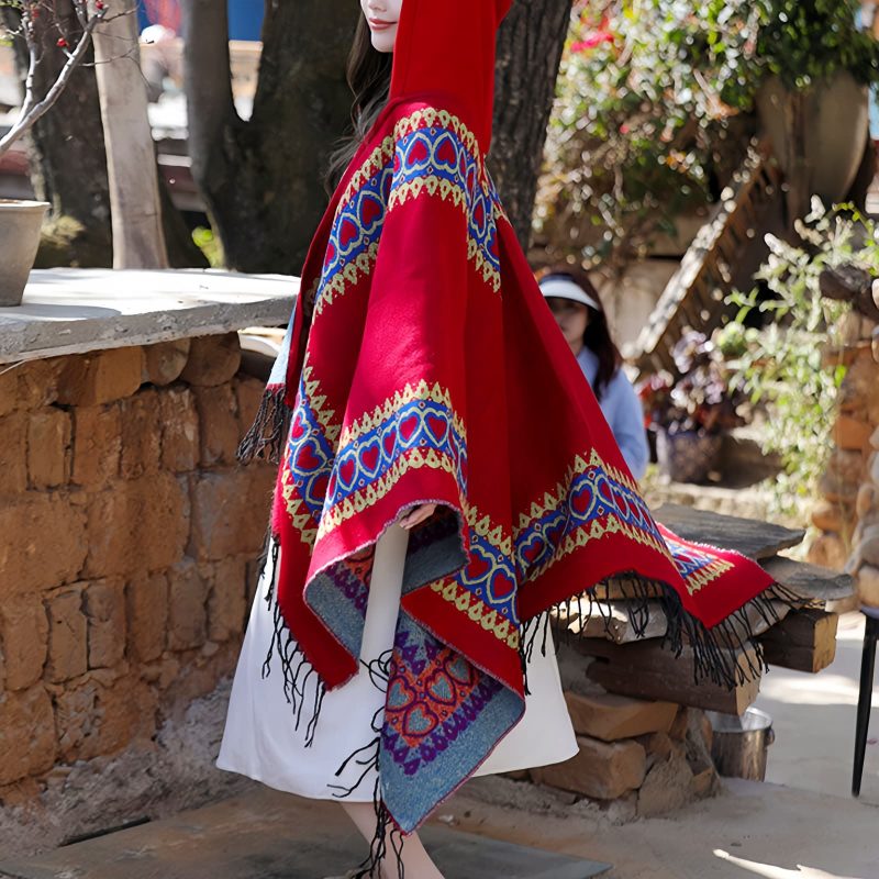 Red Heart Tassel Tibetan Hooded Shawl Red Heart Tassel Tibetan Hooded Shawl