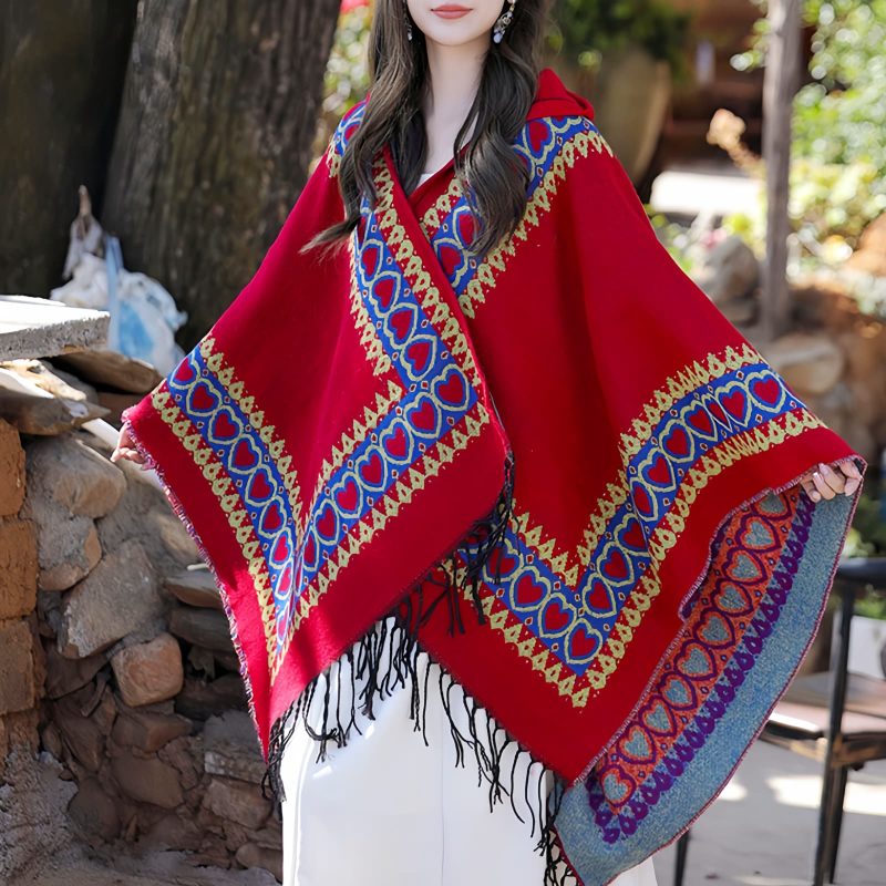 Red Heart Tassel Tibetan Hooded Shawl Red Heart Tassel Tibetan Hooded Shawl