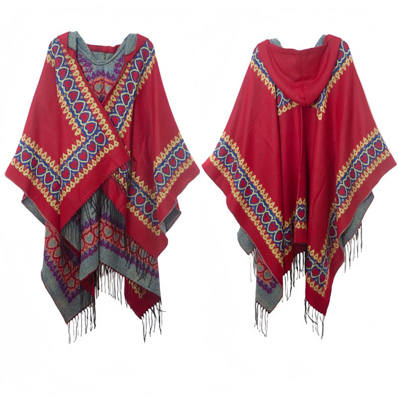 Red Heart Tassel Tibetan Hooded Shawl Red Heart Tassel Tibetan Hooded Shawl