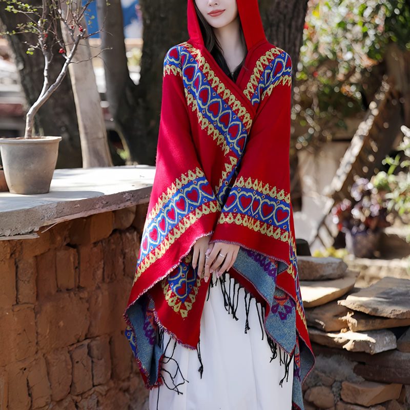 Red Heart Tassel Tibetan Hooded Shawl Red Heart Tassel Tibetan Hooded Shawl