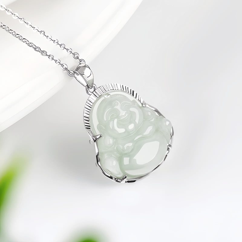 Silver Jade Laughing Buddha Pendant Necklace