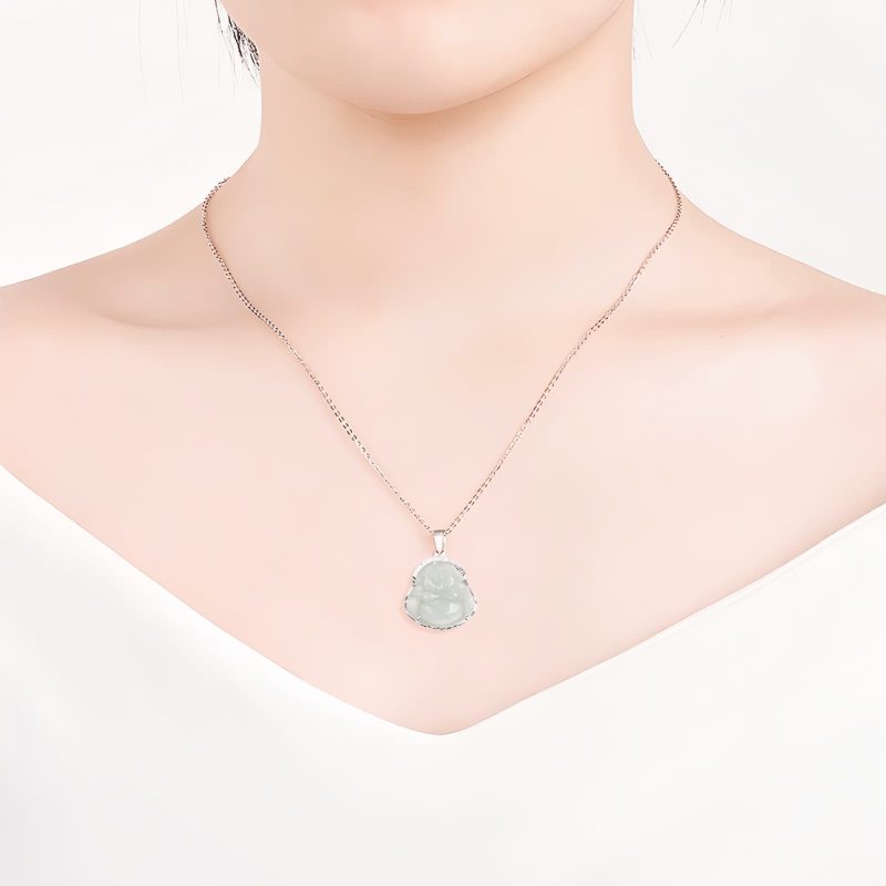 Silver Jade Laughing Buddha Pendant Necklace