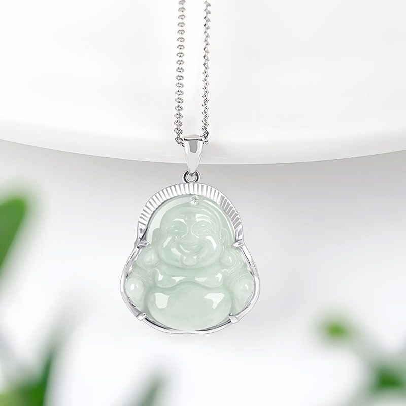 Silver Jade Laughing Buddha Pendant Necklace