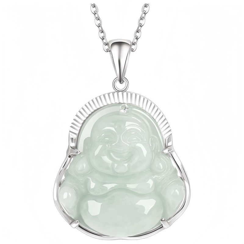 Silver Jade Laughing Buddha Pendant Necklace