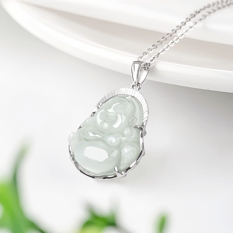 Silver Jade Laughing Buddha Pendant Necklace