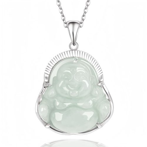 Silver Jade Laughing Buddha Pendant Necklace