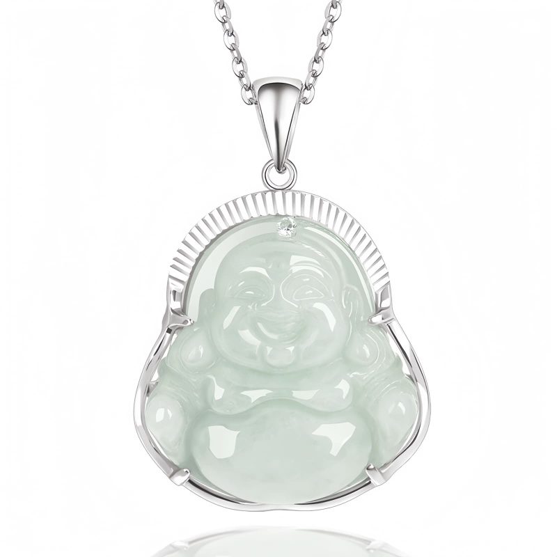 Silver Jade Laughing Buddha Pendant Necklace
