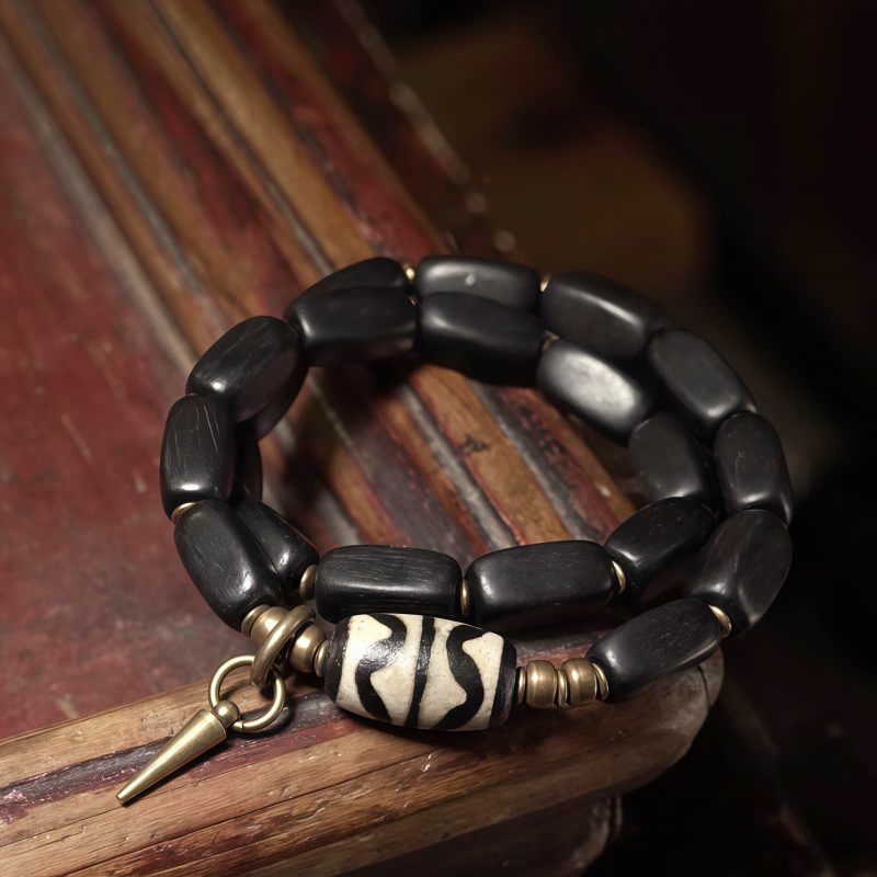 Tibet Ebony Wood Dzi Bead Copper Double Wrap Bracelet