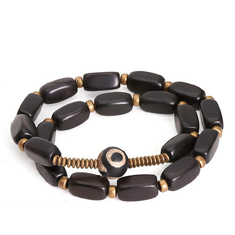 Tibet Ebony Wood Dzi Bead Copper Double Wrap Bracelet
