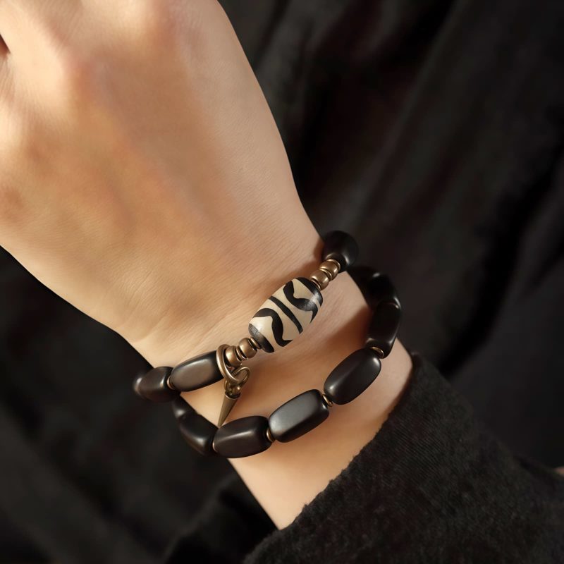 Tibet Ebony Wood Dzi Bead Copper Double Wrap Bracelet
